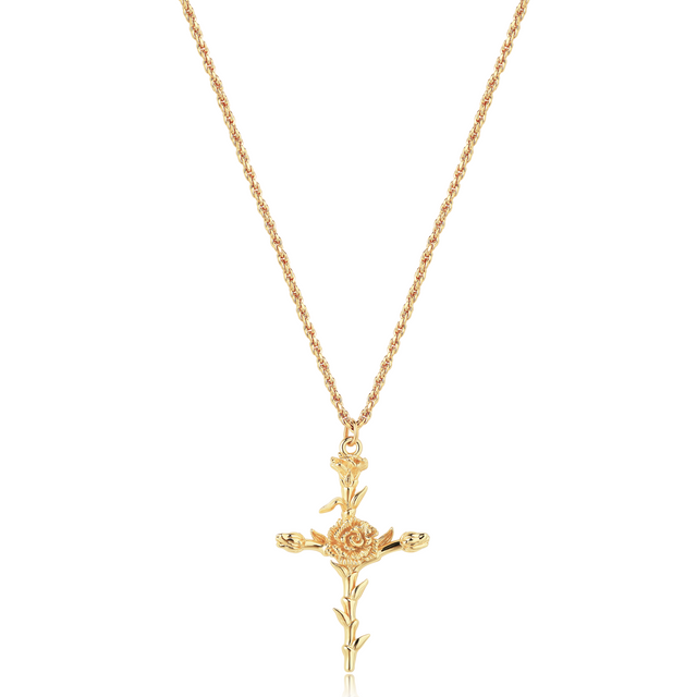 HolyMagic Cross Necklace for Women 18K Gold Plated Birth Flower Necklaces Rope Cross Pendant Fashion Gold Jewelry Birthday Gifts 12 Month