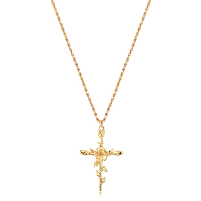 HolyMagic Cross Necklace for Women 18K Gold Plated Birth Flower Necklaces Rope Cross Pendant Fashion Gold Jewelry Birthday Gifts 12 Month