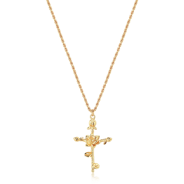 HolyMagic Cross Necklace for Women 18K Gold Plated Birth Flower Necklaces Rope Cross Pendant Fashion Gold Jewelry Birthday Gifts 12 Month