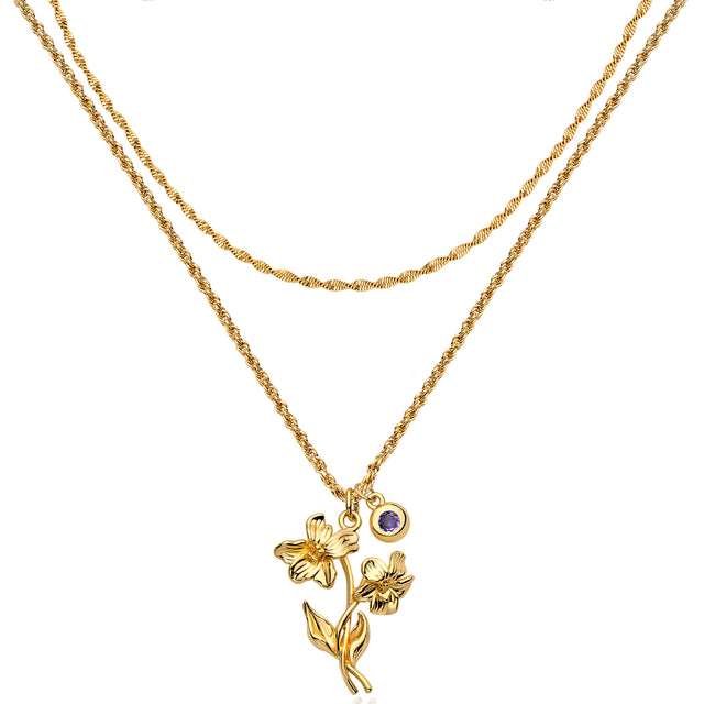 HolyMagic Women Birth Flower Necklace Gold Birthstone 12 Month Bouquet Pendant Floral 18K Gold Vacuum Filled 2MM Twist Rope Chain Personalized Jewelry Birthday Mother’s Day Gift