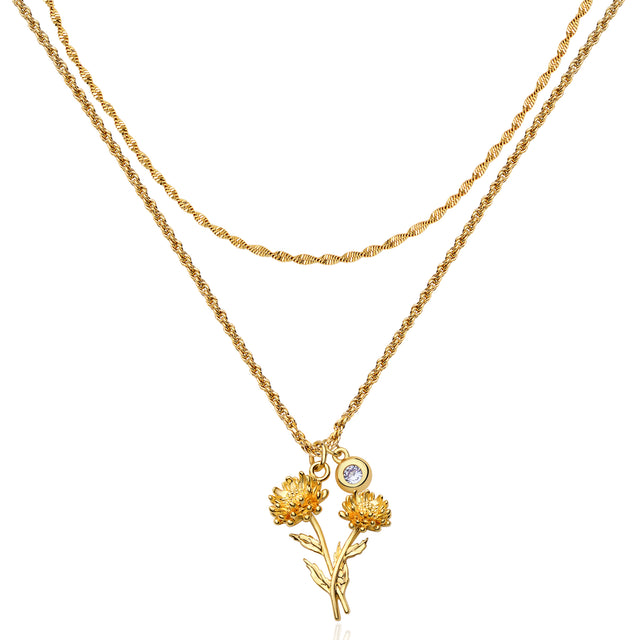 HolyMagic Women Birth Flower Necklace Gold Birthstone 12 Month Bouquet Pendant Floral 18K Gold Vacuum Filled 2MM Twist Rope Chain Personalized Jewelry Birthday Mother’s Day Gift