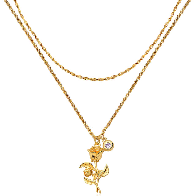 HolyMagic Women Birth Flower Necklace Gold Birthstone 12 Month Bouquet Pendant Floral 18K Gold Vacuum Filled 2MM Twist Rope Chain Personalized Jewelry Birthday Mother’s Day Gift