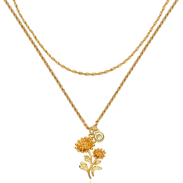 HolyMagic Women Birth Flower Necklace Gold Birthstone 12 Month Bouquet Pendant Floral 18K Gold Vacuum Filled 2MM Twist Rope Chain Personalized Jewelry Birthday Mother’s Day Gift