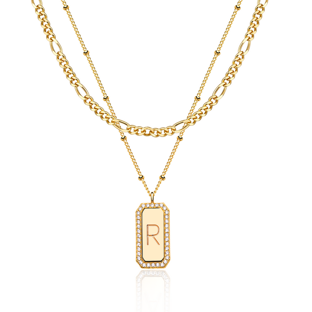 HolyMagic Gold Initial Necklace for Women 18K Gold Plated Figaro Chain Choker Layered Necklaces Set Bar Rectangle Pendant Necklaces Simple Dainty Letter Necklace Everyday Gold Jewelry Gifts