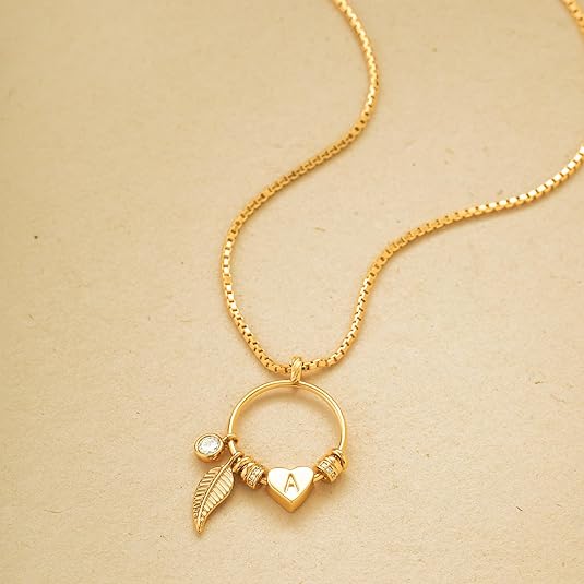 HolyMagic Gold Initial Necklace for Women Karma Open Circle Pendant with Heart Leaf Beads CZ 18K Gold Plated Minimalist Dainty 2MM Box Chain Personalized Trendy Jewelry Gift for Her Letter A-Z