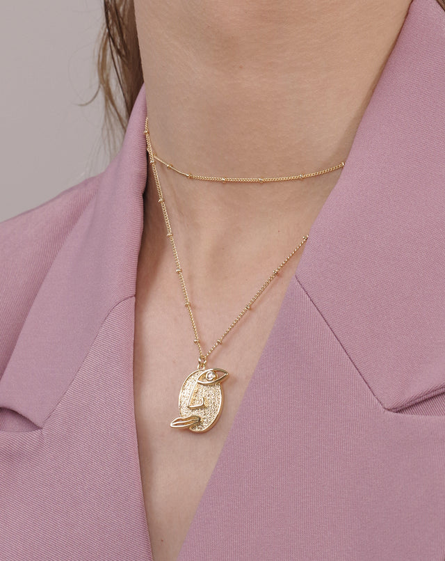 Golden Coin Abstract Face Necklace