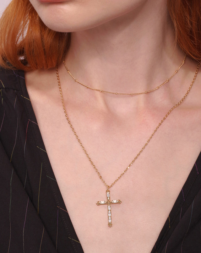 Golden Square Zirconium Cross Necklace