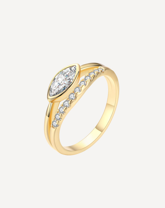 Golden Oval Zircon And Diamond Double Ring